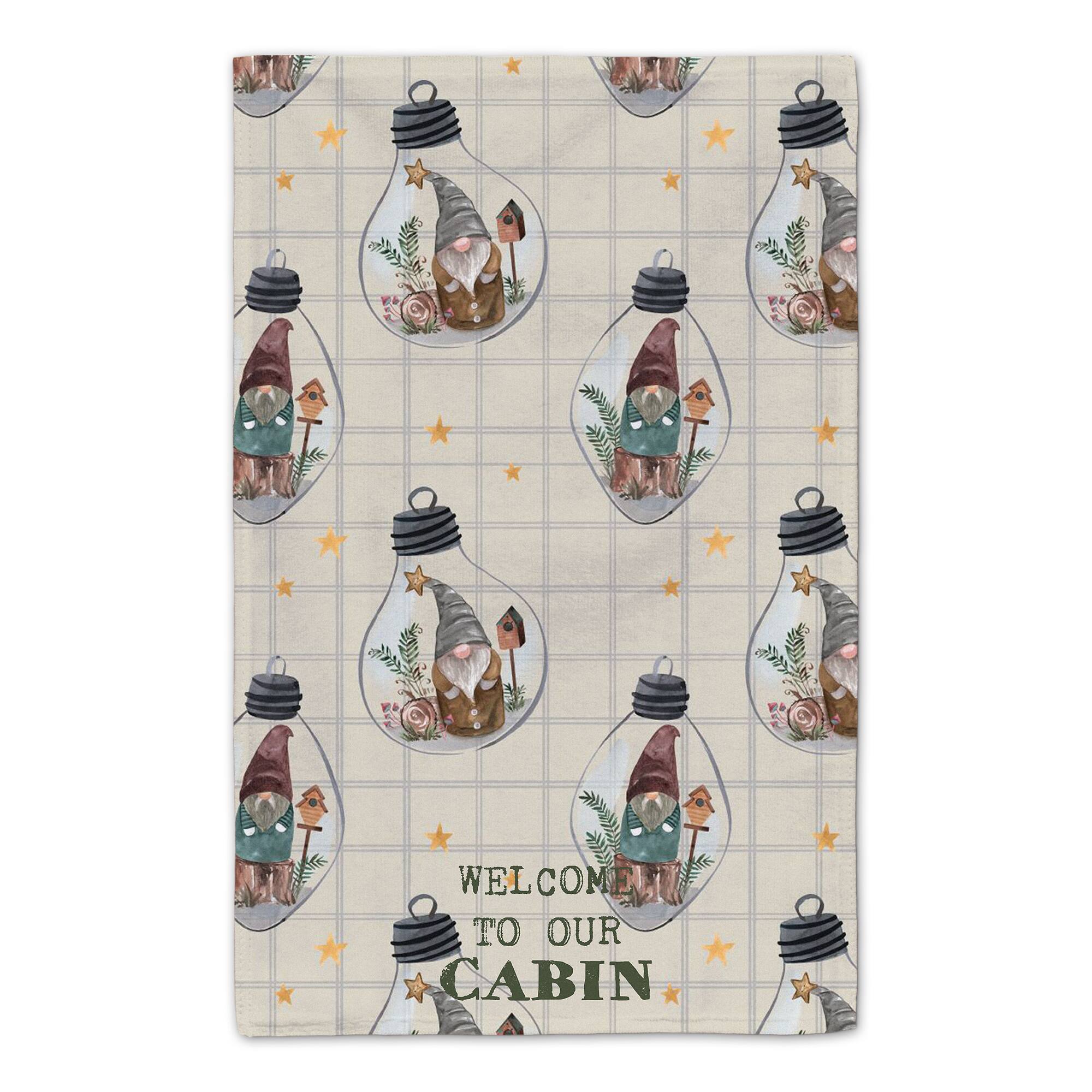 Welcome to our Cabin Cream and Check Gnome Globe Pattern Tea Towel